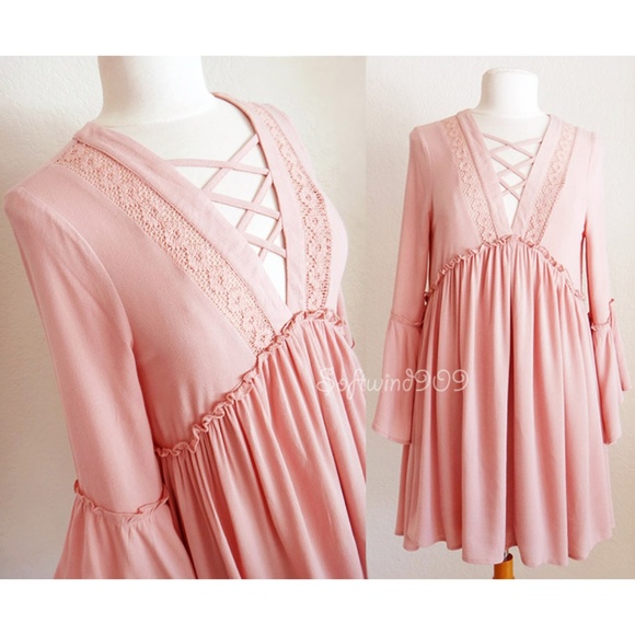 She and Sky Dresses & Skirts - Last☝️Pink Laced Up Bell Sleeves Boho Swing Dress